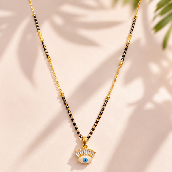 KZ Gold Plated Evil Eye CZ Mangalsutra for Women Black Bead Chain Lucky Charm Pendant FS - House of Viya