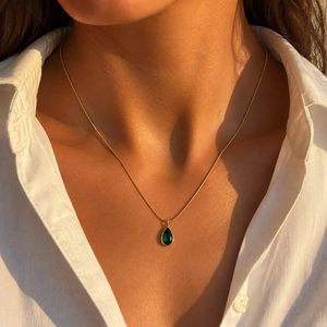 Chain 18K Gold-Plated Fine Chain with Teardrop Green Stone Pendant - House of Viya