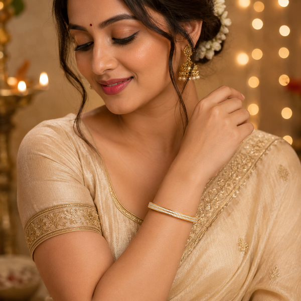 Gold Crescent Diamond Oval Kada for Women | Curved Arc Stone Stainless Steel Ladies Bangle | Celestial Design Jewellery - House of Viya