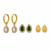 Earrings Teardrop Halo Drop Hoop, Emerald Pear Halo & Gold Teardrop Stud Earrings Set of 3 Pairs