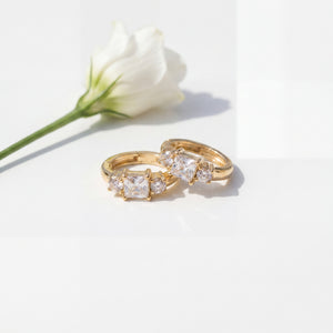 Gold Plated Three Stone Princess CZ Huggie Hoop Earrings