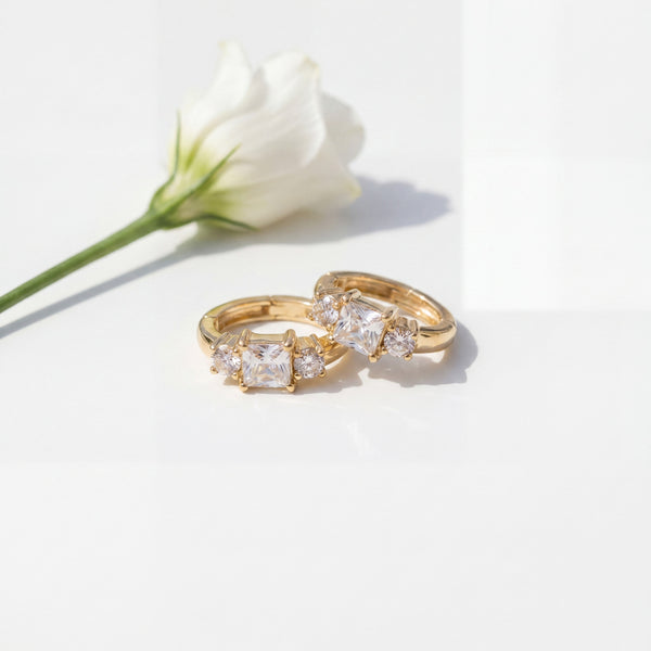 Gold Plated Three Stone Princess CZ Huggie Hoop Earrings