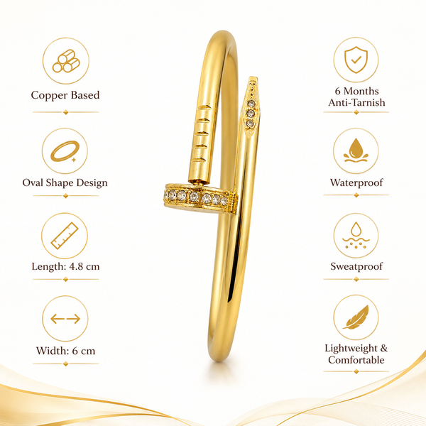 Gold Nail Shape Cuff Kada for Women | Stainless Steel Anti Tarnish Open End Bangle | Stylish Wrist Jewellery - House of Viya