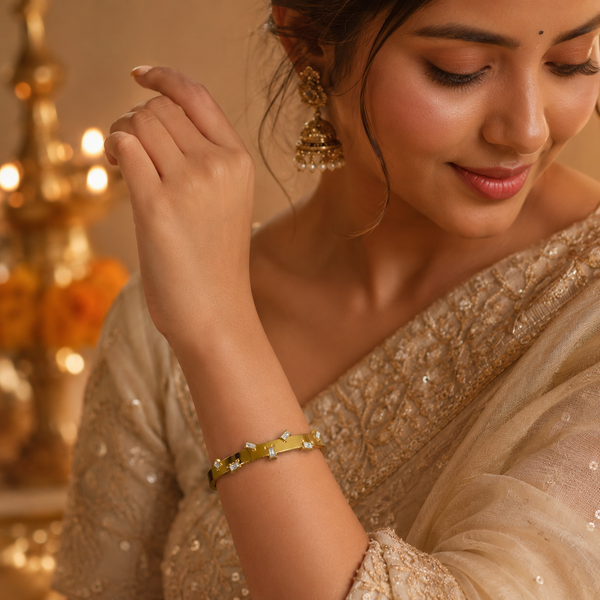 Real Baguette Rectangular White Stone Gold Oval Kada for Women | Channel Set Crystal Stainless Steel Ladies Bangle | White Baguette Jewellery - House of Viya