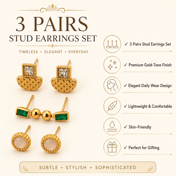 Earrings Antique Fan, Tri-Stone Bar & Kundan Oval Stud Earrings Set of 3 Pairs