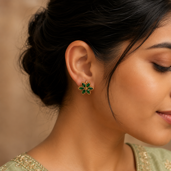 Earrings Floral Drop Hoop, Emerald Pave Flower & Gold Floral Stud Earrings Set of 3 Pairs