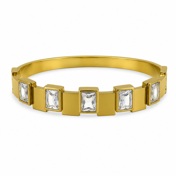 Gold White Stone Rectangular Panel Oval Kada for Women | Crystal Solitaire Stainless Steel Ladies Bangle | Classic Festive Jewellery - House of Viya