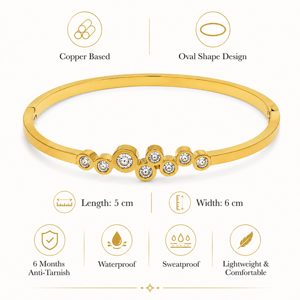Gold Checkered Diamond Pattern Oval Kada for Women | Grid Stone Stainless Steel Ladies Bangle | Structured Festive Jewellery - House of Viya