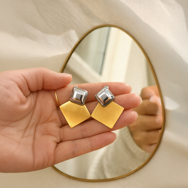 Anti-Tarnish Gold Plated Silver Stud with Gold Square Earrings - 1 Pair