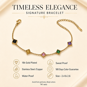 Gold Plated Multicolor Diamond Shaped Rhombus Stone Station Chain Bracelet with Lobster Clasp