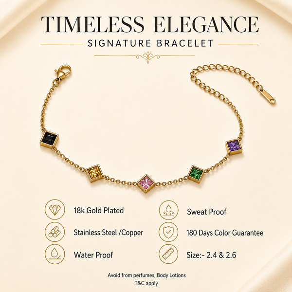 Gold Plated Multicolor Diamond Shaped Rhombus Stone Station Chain Bracelet with Lobster Clasp - House of Viya