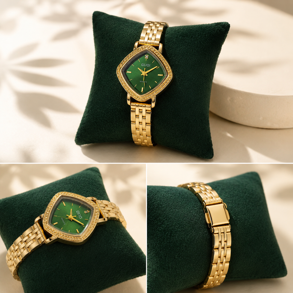 Watches Gold-Tone Cushion Green Dial Crystal Studded Bracelet Watch for Women - House of Viya
