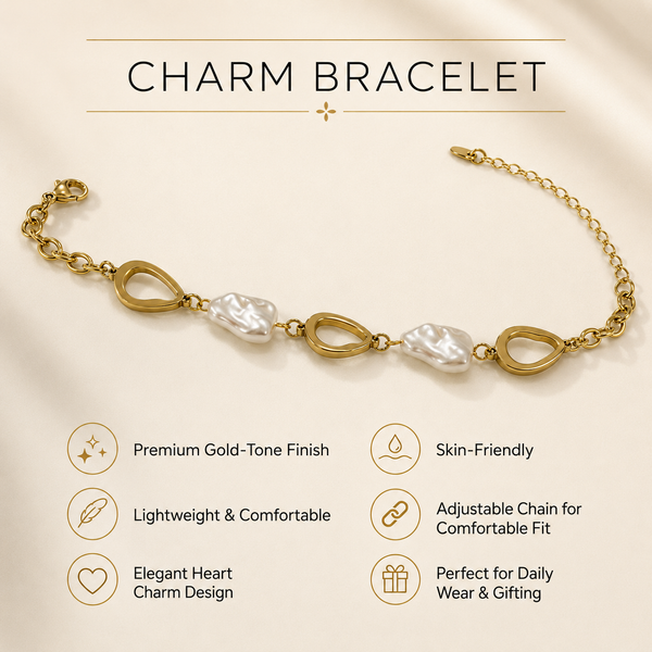 Gold Plated Adjustable Chain Bracelet with Alternating Open Oval Rings and Baroque White Pearl Drops - House of Viya