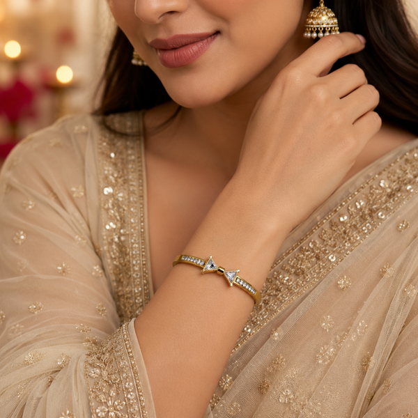 Gold Cluster Diamond Trio Oval Kada for Women | Three Stone Grouping Stainless Steel Ladies Bangle | Statement Festive Jewellery - House of Viya