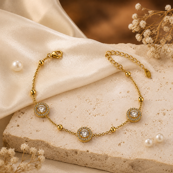 Gold Plated Chain Bracelet with Three Round Halo Floral Stations and Pave White Stone Centers - House of Viya