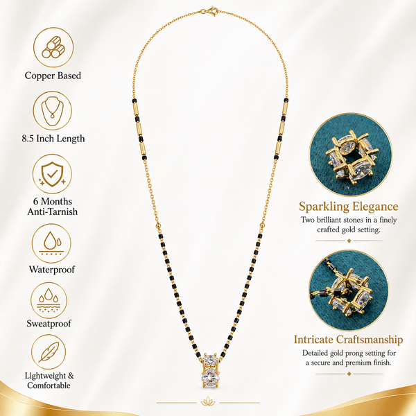 KZ Gold Plated Square CZ Solitaire Mangalsutra for Women Black Bead Chain Stacked Stone Pendant FS - House of Viya