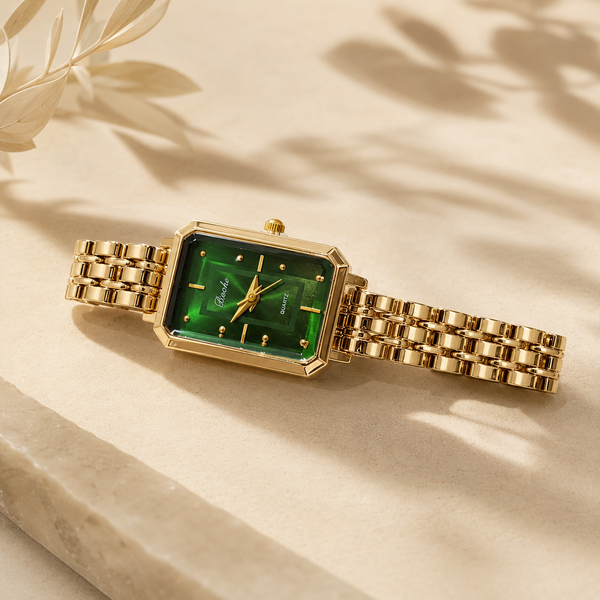 Watches Gold-Tone Rectangular Green Dial Minimal Chain Bracelet Watch for Women - House of Viya