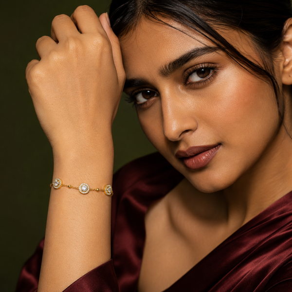 Gold Plated Chain Bracelet with Three Round Halo Floral Stations and Pave White Stone Centers - House of Viya