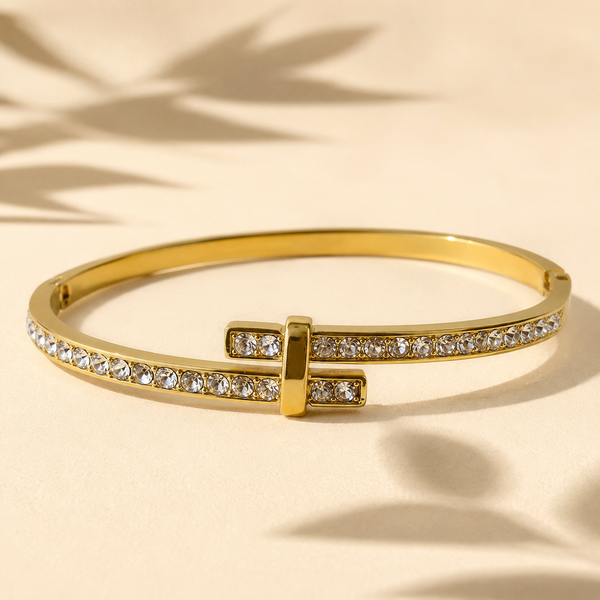 Gold Single Row Round Diamond Oval Kada for Women | Delicate Stone Band Stainless Steel Ladies Bangle | Classic Festive Jewellery - House of Viya