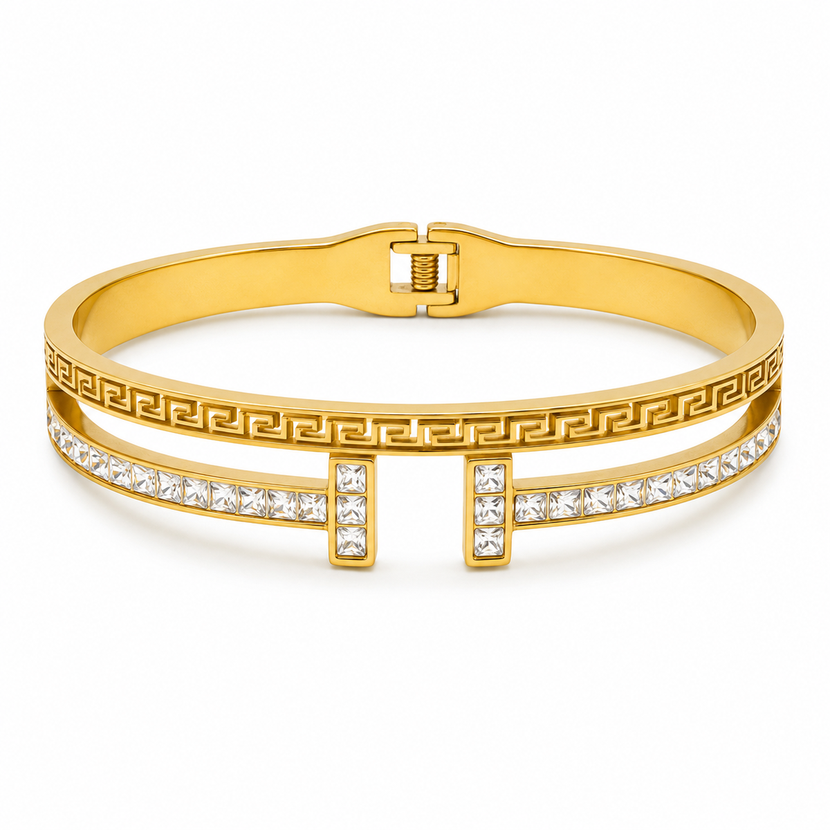 Gold Greek Key Pattern Diamond Oval Kada for Women | Meander Design Hinged Clasp Stainless Steel Ladies Bangle | Luxury Festive Jewellery
