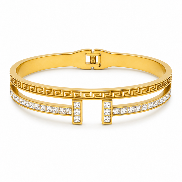 Gold Greek Key Pattern Diamond Oval Kada for Women | Meander Design Hinged Clasp Stainless Steel Ladies Bangle | Luxury Festive Jewellery