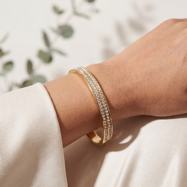 Dual Pave CZ Row Eternity Baby Kada Bangle | Gold Plated Slim Stackable Bracelet for Women - House of Viya