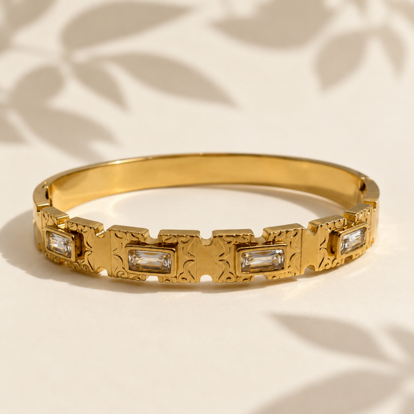 Gold Engraved Block Baguette Diamond Oval Kada for Women | Square Panel Large Stone Stainless Steel Ladies Bangle | Premium Festive Jewellery - House of Viya