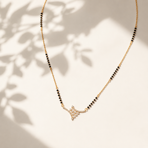 KZ Gold Plated Crown CZ Mangalsutra for Women Black Bead Chain Asymmetric Arrow Pendant FS