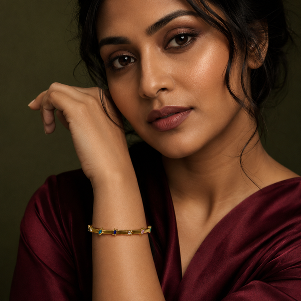 Kadas Gold-Tone Multicolour Stone-Studded Kada with Spaced Crystal Stations - Polished Finish Slim Bracelet - House of Viya