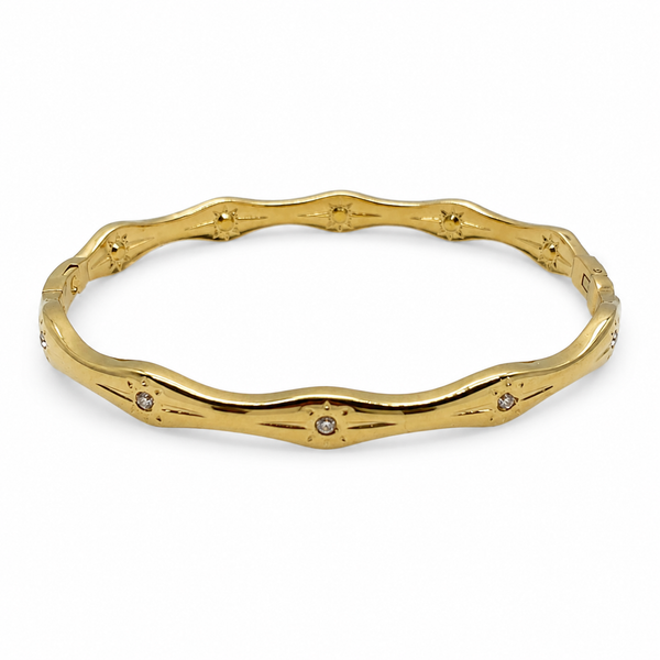 Gold Wavy Ripple Edge Scattered Diamond Oval Kada for Women | Curved Band Stone Stainless Steel Ladies Bangle | Artistic Festive Jewellery - House of Viya