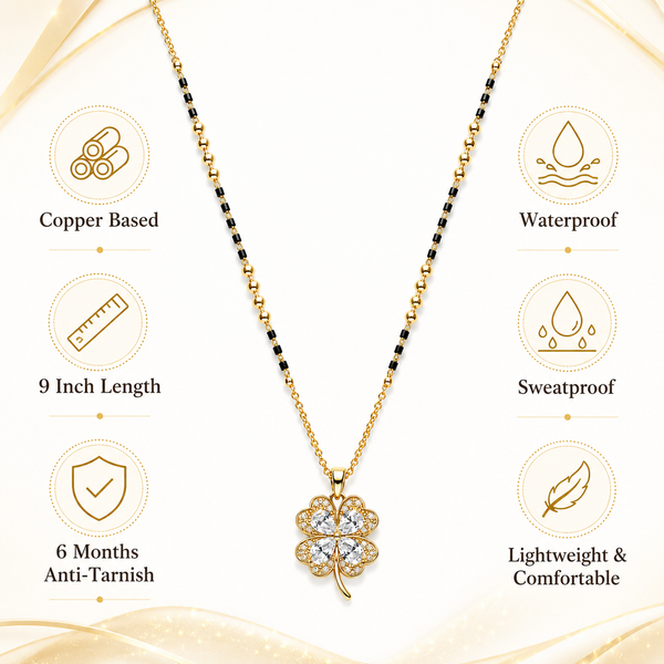 KZ Gold Plated 4 Leaf Clover CZ Mangalsutra for Women Black Bead Chain with White Stone Pendant FS - House of Viya