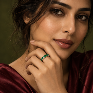 Rings Dual-Tone Polished Green Stone Slim-Band Ring