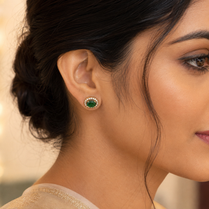 Earrings Halo Drop Hoop, Emerald Oval Bezel & Gold Oval Minimal Stud Earrings Set of 3 Pairs