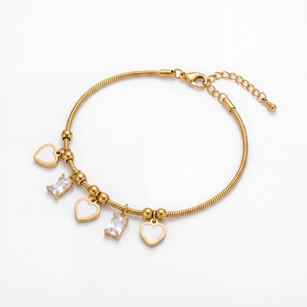 Gold Plated Snake Chain Bracelet with White Heart and Square Baguette Stone Dangling Charms