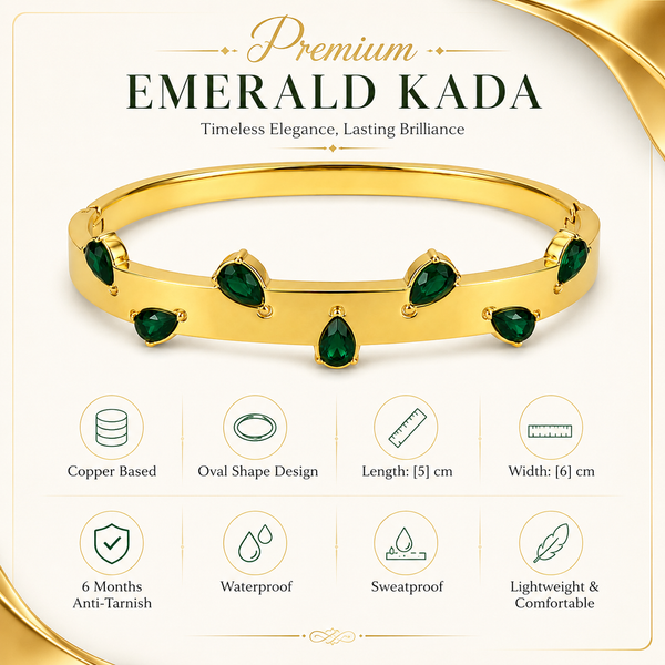 Real Teardrop Pear Emerald Green Stone Gold Oval Kada for Women | Prong Set Gemstone Stainless Steel Ladies Bangle | Premium Stone Festive Jewellery - House of Viya