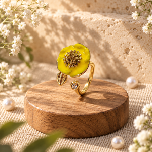 Rings Gold-Plated Yellow Enamel Floral Designer Ring