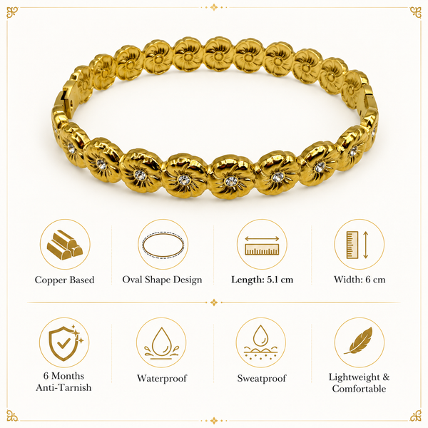 Gold Large Round Flower Motif Diamond Center Oval Kada for Women | Floral Petal Stone Stainless Steel Ladies Bangle | Floral Festive Jewellery - House of Viya