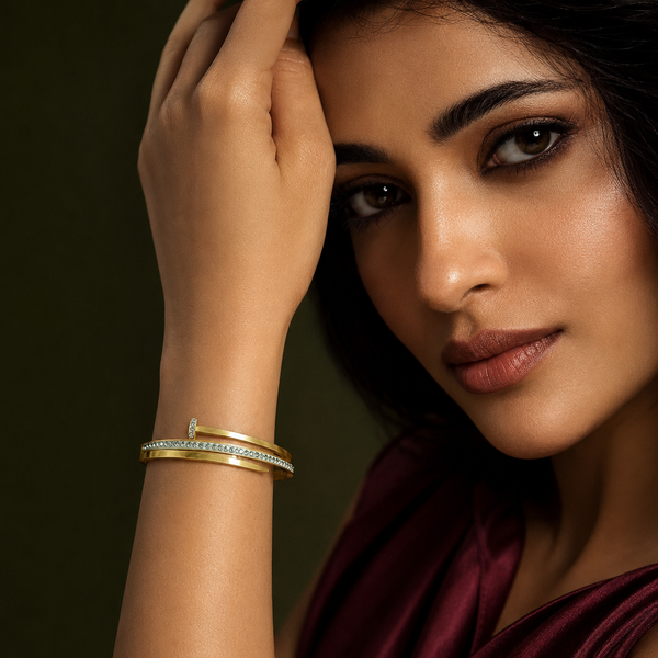 Kadas Gold-Tone Stone-Studded Kada with Textured Band for Women - House of Viya