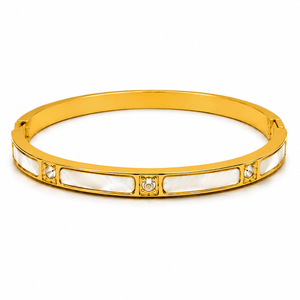 Gold Mother of Pearl White Panel Inlay Oval Kada for Women | Diamond Solitaire Enamel Stainless Steel Ladies Bangle | Bicolor Luxury Jewellery