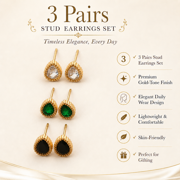 Earrings Crystal, Emerald & Black Round Halo Drop Earrings Set of 3 Pairs