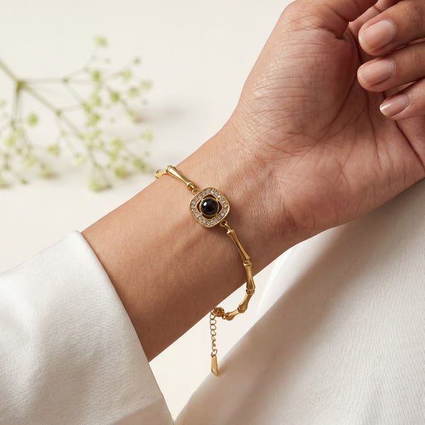 Gold Plated Bamboo Bar Link Bracelet with Rhombus Black Stone Halo Centrepiece and Lobster Clasp - House of Viya