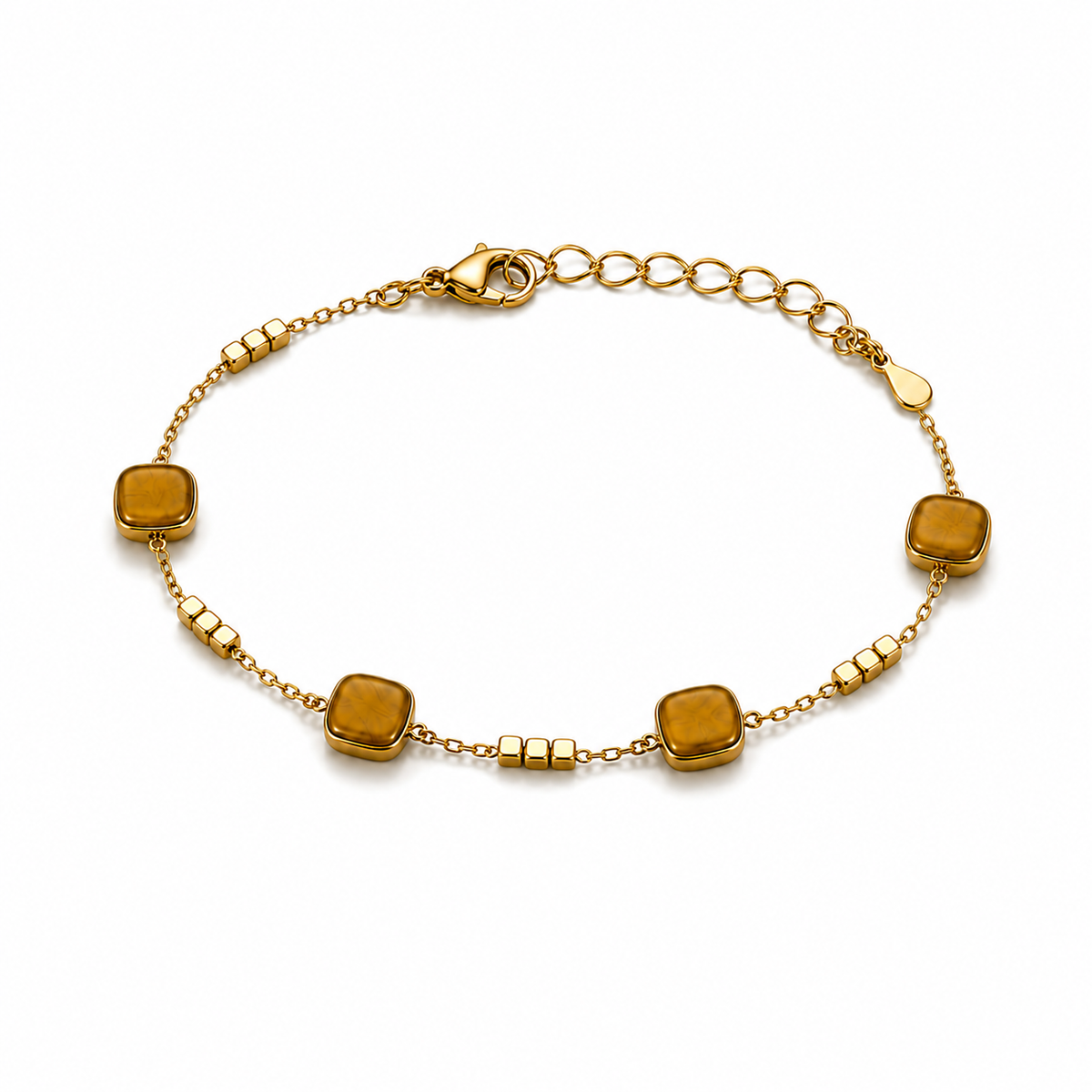 Gold Plated Square Cube Bead Station Delicate Chain Bracelet with Lobster Clasp