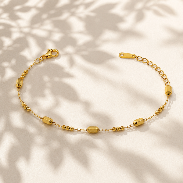 Delicate Gold Plated Single Line Beaded Station Chain Bracelet with Lobster Clasp - House of Viya