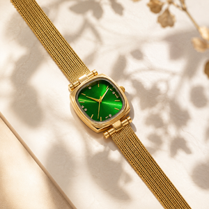 Watches Gold-Tone Square Green Dial Mesh Bracelet Watch for Women
