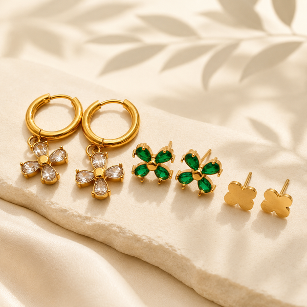Earrings Floral Drop Hoop, Emerald Clover & Gold Clover Stud Earrings Set of 3 Pairs