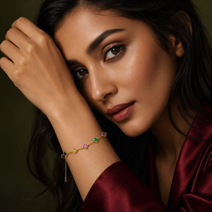 Gold Plated Multicolor Diamond Shaped Rhombus Stone Station Chain Bracelet with Lobster Clasp