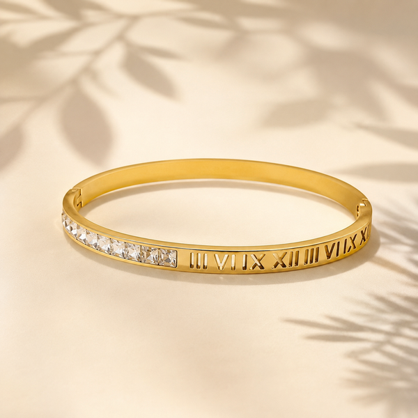 Gold Scattered Bezel Diamond Oval Kada for Women | Floating Stone Stainless Steel Ladies Bangle | Modern Festive Jewellery - House of Viya