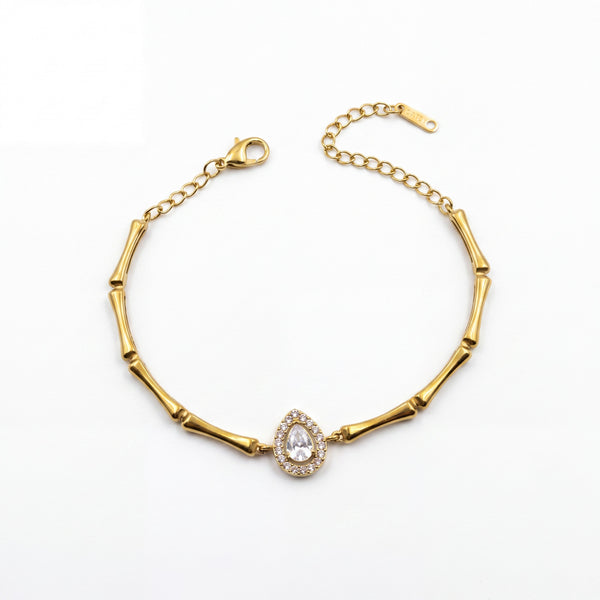Gold Plated Bamboo Bar Link Bracelet with Side Oval White Stone Halo Accent and Lobster Clasp - House of Viya