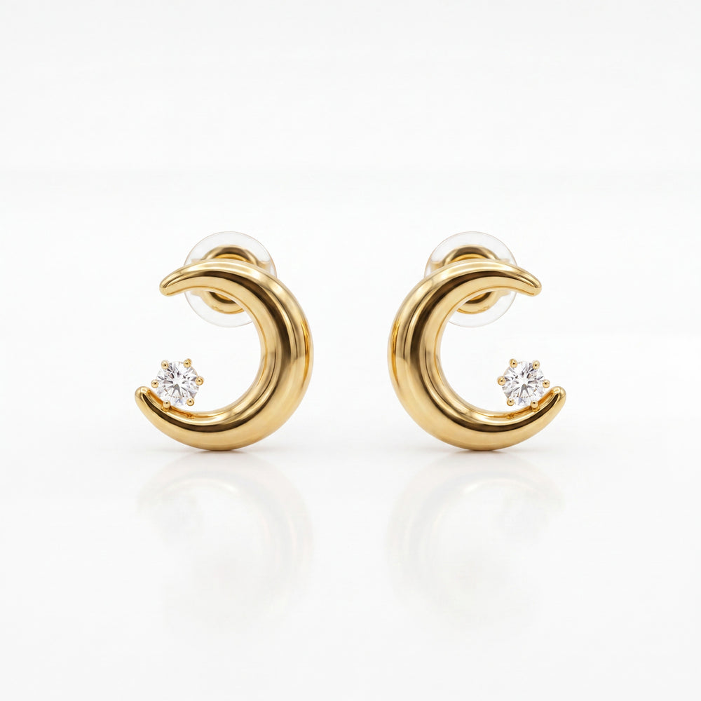 18K Gold Plated Half Moon Crystal Stud Earrings - House of Viya
