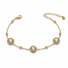 Gold Plated Chain Bracelet with Three Round Halo Floral Stations and Pave White Stone Centers